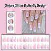 ANDGING Press on Nails Short Medium Coffin Ombre Pink and White Fake Nails with Glitter Butterfly Design Square Glue on Nails for Women Acrylic False Nails with Glue Stick on Nails for Wedding JJO36