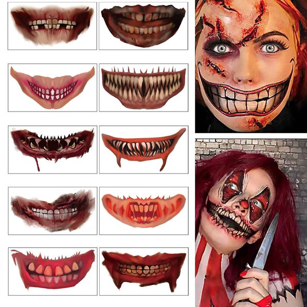 Halloween Tattoo Stickers, Halloween Prank Makeup Temporary Tattoo Halloween Clown Horror Mouth Face Tattoo Sticker Decals Prank Props for Halloween Cosplay Party DIY Decorations 10Pcs