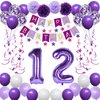 NANINUNENO 12th Birthday Decorations for Girls, Purple 12 Happy Birthday Balloons Supplies Including Purple Happy Birthday Banner, Purple 12 Number Balloons, Purple Pink Star Streamers, Hanging Swirls