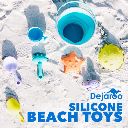 Dejaroo - Beach Toys, Sand Box Toys for Kids Outdoor, Set of Sand Toys with Silicone Collapsible Bucket, Kids Watering Can, Shovels, & A Variety of Molds, Includes Storage Pouch, 9-Piece Set