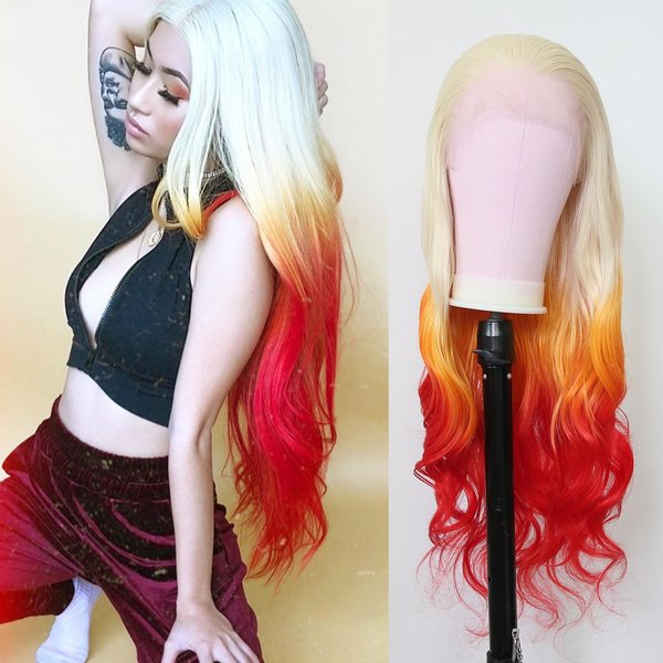BTWTRY Wavy Wig Blonde Ombre Yellow Red Synthetic Lace Front Wigs 3Tone #613 Ombre Red for Fashion Women Natural Glueless Heat Resistant Fiber Synthetic Hair (24inch, 613/Yellow/Red)