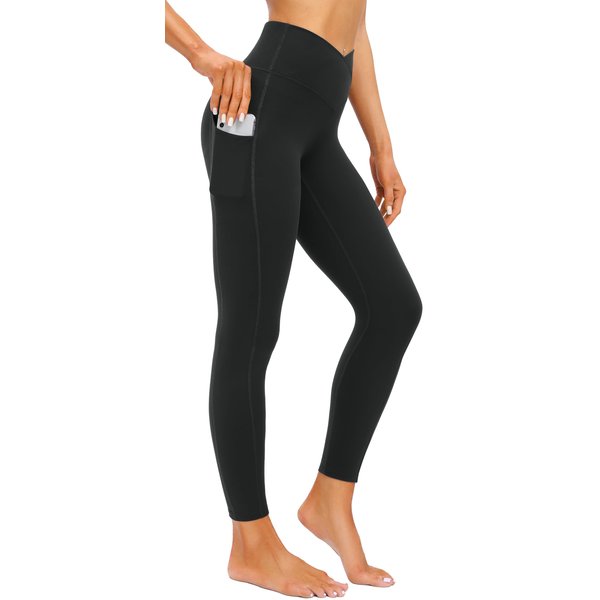 IUGA Women's Crossover Leggings with Pockets Workout Leggings for Women Tummy Control High Waisted V Cross Waist Yoga Pants Black