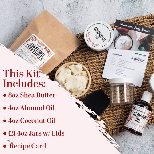 Better Shea Butter Body Butter Making Kit - DIY Kits for Adults (Raw Shea Butter, Almond Oil, Coconut Oil, 2 Jars) & Recipe Card with Link to Video Tutorial - Natural Whipped Body Lotion Making Kit
