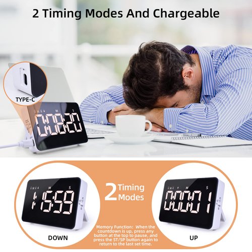 Rechargeable Digital Kitchen Timer for Cooking, Magnetic Timers with Countdown/up, Kids Timer with 5”LED Display 3 Brightness 4 Volume Adjustable for Classroom/Office/Home/Work/Study/Fitness/Game