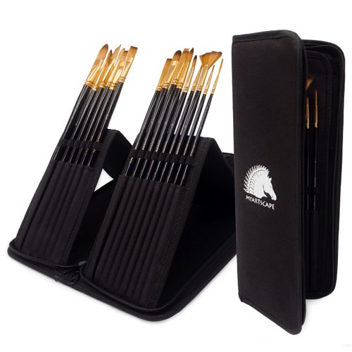 MyArtscape Paint Brushes - 15 Pc Brush Set for Watercolor, Acrylic, Oil & Face Painting | Long Handle Artist Paintbrushes with Travel Holder (Black) with Gifting Box | Premium Art Supplies