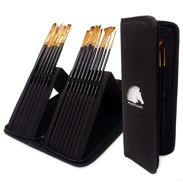 MyArtscape Paint Brushes - 15 Pc Brush Set for Watercolor, Acrylic, Oil & Face Painting | Long Handle Artist Paintbrushes with Travel Holder (Black) with Gifting Box | Premium Art Supplies