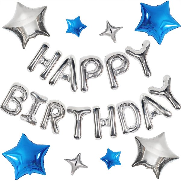 CANREVEL Happy Birthday Banner 13pcs 16 Inch Mylar Foil Letters Sign with 8pcs Star Balloons Birthday Party Decorations for Kids and Adults - 3D Silver Blue
