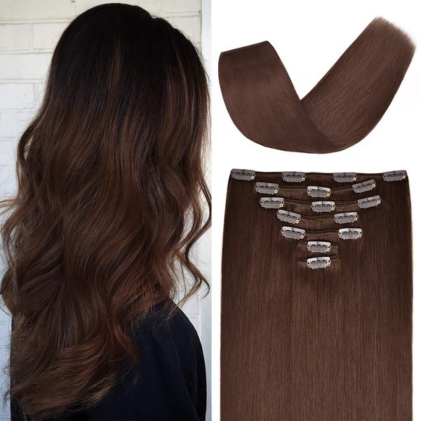 14 inches Clip in hair Extensions Remy Human Hair - 70g 7pcs 16 Clips Straight Thick 100% Real Human Hair Extensions for Women Medium Brown #4 Color