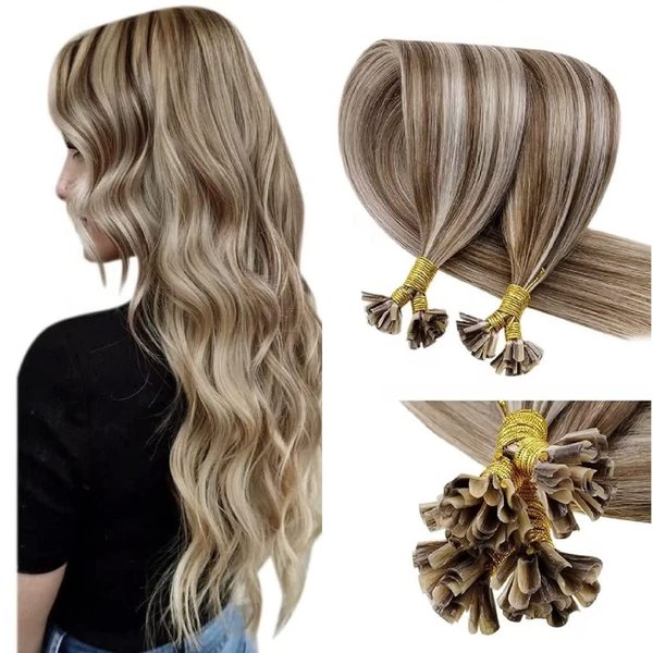 LaaVoo U Tip Hair Extensions Real Human Hair Utip Extensions Human Hair Highlight Ash Brown with Light Blonde Stick Tip Hair Extensions Blonde Pre Bonded Keratin Extensions 18 Inch 50g/50s