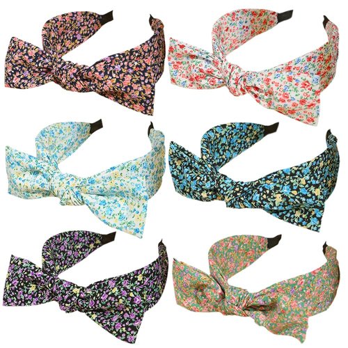 HUANMAYE 6Pcs Boho Headband for Women Knotted Bow Hairbands Fabric Elastic Hair band Accessories Rabbit Ear Hair Bands Wide Turban Headwraps for Adult Women (6RFloral)