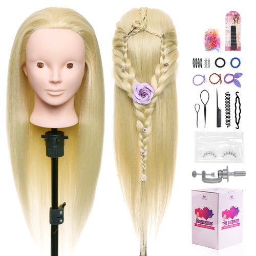 Neverland Beauty Mannequin Head with 50% Real Human Hair, 24 Inch Makeup Cosmetology Manikin Practice Head with Hair, Braiding Hairdressing Doll Head for Hair Styling with False Eyelashes