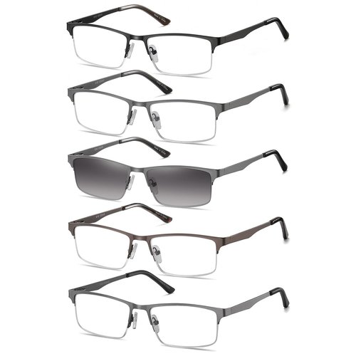 EYECEDAR 5-Pack Reading Glasses for Men Rectangular Metal Half-Frame Spring Hinges with Sun Readers Glasses Mens Readers 3.0