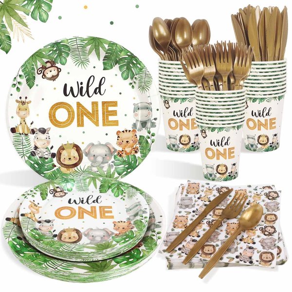 175 Pcs Wild One Birthday Decorations Plates Set 25 Guests, Safari Jungle Theme Paper Plates Napkins Cups Cutlery Set Boys First 1st Party Supplies