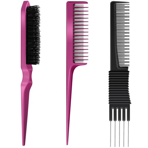 3 Pieces Pick Teasing Combs Hair Brush Set Includes Black Carbon Lift Teasing Combs with Metal Prong, Triple Pin Rat Tail Comb, Nylon Bristle Hair Comb Brush for Women (Black, Rose Red)