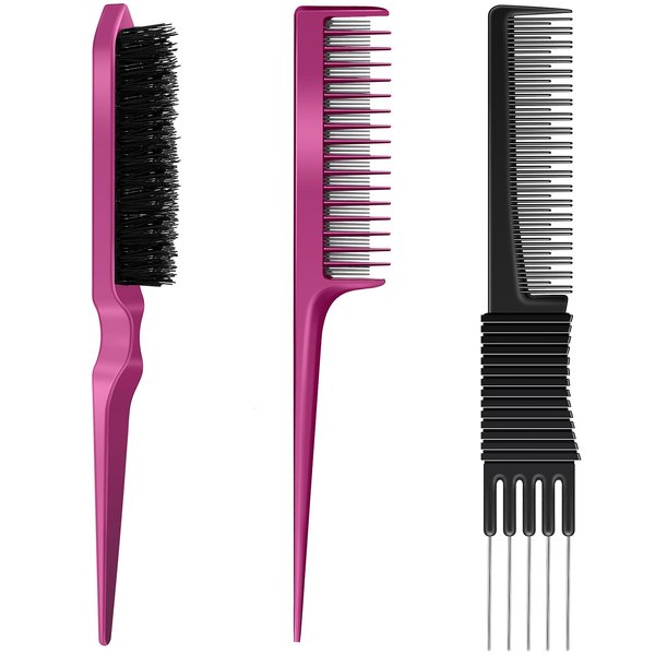 3 Pieces Pick Teasing Combs Hair Brush Set Includes Black Carbon Lift Teasing Combs with Metal Prong, Triple Pin Rat Tail Comb, Nylon Bristle Hair Comb Brush for Women (Black, Rose Red)