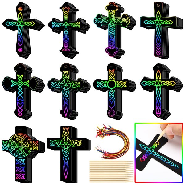Chivao 200 Pcs Easter Scratch Cross Ornaments Rainbow Color Craft Kit DIY Scratch Paper Christian Gifts for Kids Sunday School Crafts Kids' Paper Craft Kits for Girls Boys with Wood Sticks Ribbons