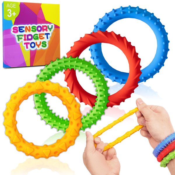 Sensory Fidget Toys for Kids Toddlers Stocking Stuffers 4PC Stretchy Texture Fidgets Bracelet for Autism ADHD Boy Quiet Figette Anxiety Relief Silent Calm Down Silicone Stress Toy Classroom Prizes