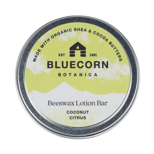 Bluecorn Beeswax Coconut Citrus Scented Lotion Bar. Organic Shea Butter, Cocoa Butter, Vitamin E, Apricot Oil & Avocado Oil. Long-Lasting Moisture for Super Dry Skin. Plastic-Free & Made in the USA.