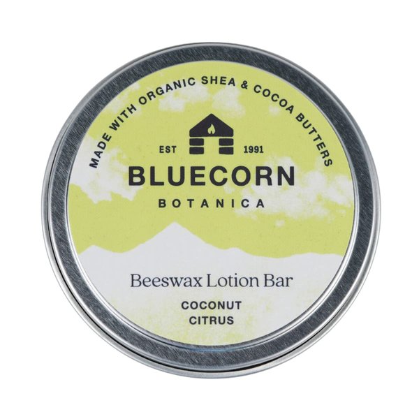 Bluecorn Beeswax Coconut Citrus Scented Lotion Bar. Organic Shea Butter, Cocoa Butter, Vitamin E, Apricot Oil & Avocado Oil. Long-Lasting Moisture for Super Dry Skin. Plastic-Free & Made in the USA.