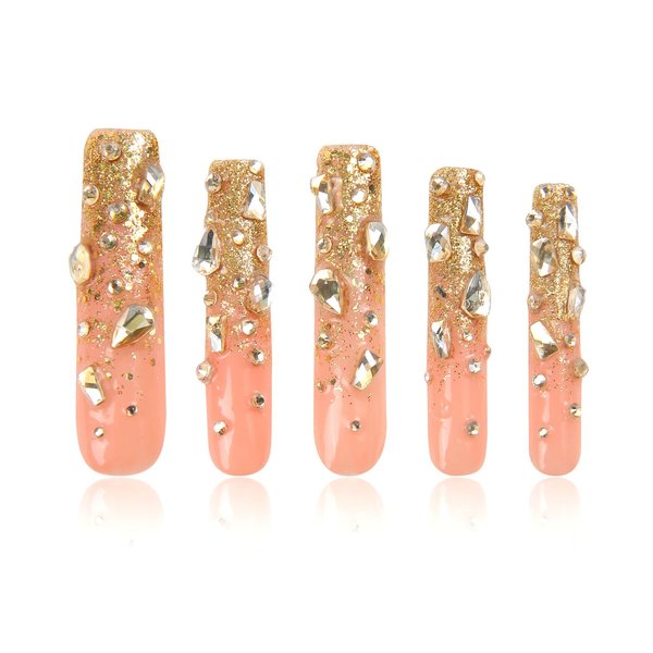 LOVFUL Gold Bling Press On Nails, Stunning Drill Glue On Nails, Luxury Fake Nails, Princess Nails | Handmade Nails l Fake Stick on nails | 2.16in Long Square | H84(L)
