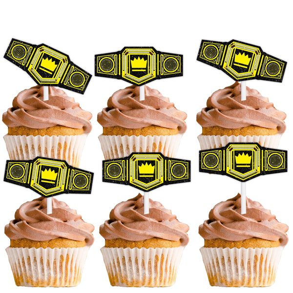 18pcs Gold Glitter Championship Ring Dessert Cupcake Topper Wrestling Belt Fitness Sports Theme Decor Supplies Men Boys Happy Birthday Anniversary Party Decorations