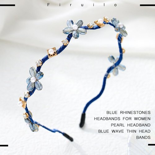Firuilo Blue Thin Flower Headbands Pearl Crystal Hair Bands Wave Beaded Hair hoop Bridal Wedding Party Hair Accessories for Women and Girls (Blue)