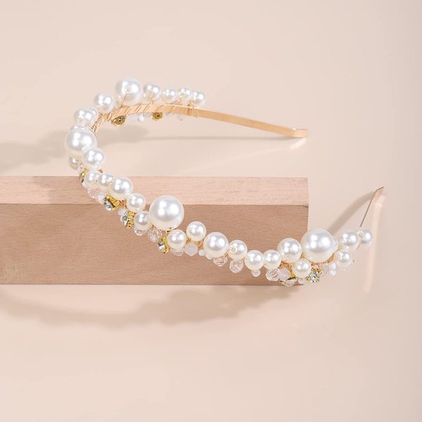 JWICOS Gold Bridal Headband Pearl Tiara for Women Rhinestone Wedding Hair Accessories for Brides and Bridesmaid Headpieces for Prom Pageant Birthday Party (Gold)