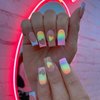 BABALAL Rainbow Press on Nails Medium Square Fake Nails Blue French Tip Glue on Nails 24Pcs Squoval Acrylic Nails Heart Love Cute Valentines Day Stick on Nails for Women and Girls