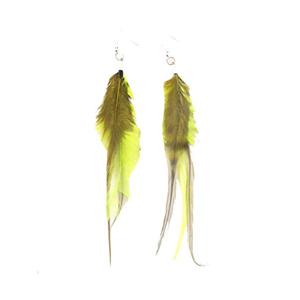 Mia Feather Earrings-Green Color-3 Beautiful Natural Feathers Per Earring-Each Pretty Feather Measures Approximately 5 Inches Long-For Pierced Ears-Hypoallergenic Findings (1 set)