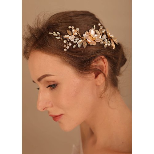 Denifery Flower Bride Wedding Hair Vine with Combs Gold Leaf Bridal Headband Opal Rhinestones Hair Breath Accessories for Women and Girls