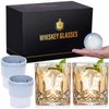 Qipecedm Old Fashioned Whiskey Glasses, Set of 4 (2 Crystal Bourbon Glasses, 2 Round Big Ice Ball Molds) In Gift Box - 11 Oz Rocks Glass, Barware for Scotch Cocktail Rum Vodka Liquor, Gifts for Men