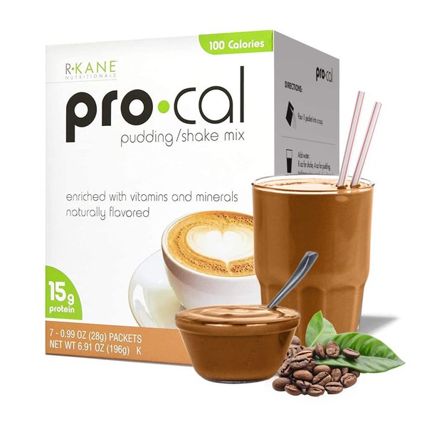 R-Kane Nutritionals Pro-Cal Pudding/Shake Mix, Low Calorie Protein Shake Powder, Meal Replacement Shakes, Mocha-Flavored Boost Drink, Kosher, 15g Protein, 7 Packets per Box