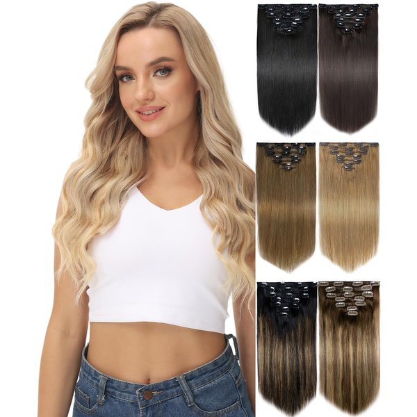 Yamel Remy Clip in Hair Extensions Real Human Hair Natural Hair Extensions Light Brown 2Pcs 6Clips 14Inch 40g
