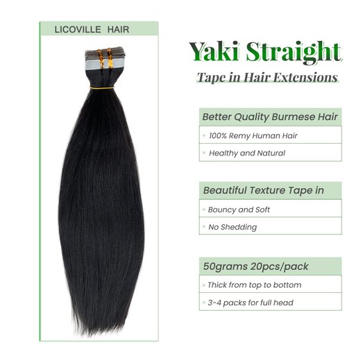 Yaki Straight Tape in Hair Extensions Human Hair 20 Inch Seamless Tape in Extensions Human Hair Double Sided Relaxed Straight Black Hair Extensions Tape in #1B Natural Color 50grams 20pcs