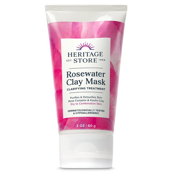 HERITAGE STORE Rosewater Clay Mask Clarifying Treatment - Dry Combination Skin - Purifying Face Mask Deep Cleanses, Detoxifies & Balances w/ Kaolin Clay, Organic Aloe Vera, Hypoallergenic, Vegan, 2oz