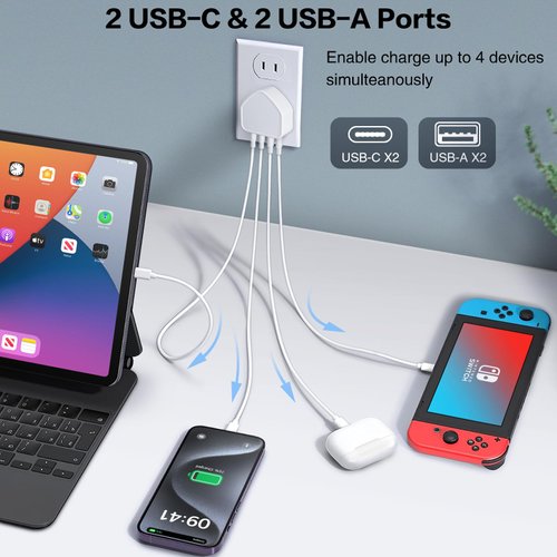 40W USB C Charger Block, 4-Port Flat USB C Wall Charger Fast Charging Block[2 USB A & 2 USB C ] Multiport C Plug Type C Power Adapter Brick for iPhone 16/15/14/13/12 Pro Max/XS/XR,iPad,Samsung,Tablet