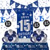15th Birthday Decorations for Boys Girls, Blue Silver 15th Birthday Decorations Backdrop Banner, Happy 15th Birthday Tablecloth, Number 15 Hanging Swirls, Triangle Flag, 15 Years Old Party Supplies