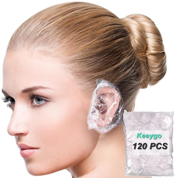 Keeygo 120 Pack Disposable Ear Covers For Shower, Waterproof Plastic Ear Shower Caps, Ear Shower Caps for Hair Dye(15cm)
