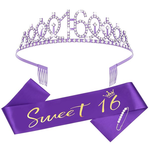 YARIEW Purple Sweet 16 Sash and Tiara, Sweet 16 Birthday Decorations for Girls, Birthday Crown and Sash, 16th Birthday Gifts for Girls, Sweet Sixteen Gifts for Girls
