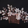 Teyglen Flower Pearl Bride Wedding Hair Comb Crystal Hair Comb Bridal Hair Piece Decorative Hair Accessories for Bride Rhinestone Headpiece for Women Grils (Rose gold)