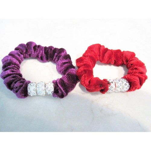 Generic Small colorful velvet hair tie pony tail holder scrunchie with crystals rings (Primary color: Red)