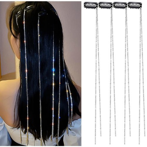 Hair Chains for Women, Hair Extensions Rhinestone Braiding Clips Punk Long Tassel Hair Jewelry Bling Hair Head Chain Silver Decorative Hair Clip Hairpin for Girls Nightclub Party Headwear