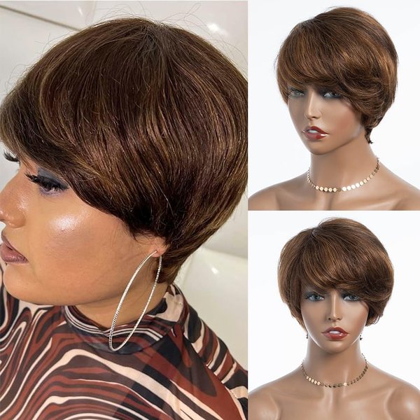 JOEDIR HAIR Pixie Cut Wig Human Hair Short Wig for Black Women Short Pixie Wig Brown Highlight Glueless Wig 150% Density