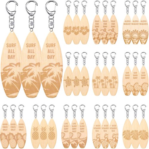 Bucherry 36 Pcs Beach Favors Keychain Gifts Set Wooden Bulk Surfboard Slippers Sea Turtle Coconut Tree Bible Keychains for Beach Hawaiian Florida Bahamas Souvenirs Luau Party Favors (Ocean Style)