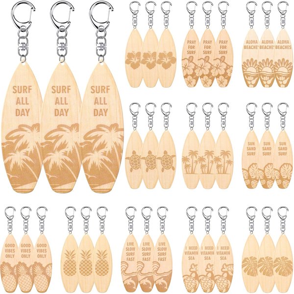 Bucherry 36 Pcs Beach Favors Keychain Gifts Set Wooden Bulk Surfboard Slippers Sea Turtle Coconut Tree Bible Keychains for Beach Hawaiian Florida Bahamas Souvenirs Luau Party Favors (Ocean Style)