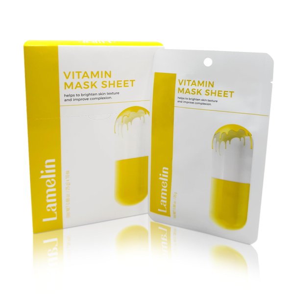 Lamelin Vitamin Niacinamide Sheet Mask, 10 Pack, Lemon Kiwi Extract Tocopherol Anti Aging Tightening Hydrating Made In Korea