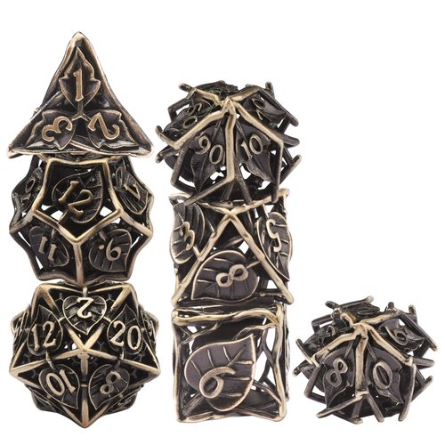 AUSTOR Metal DND Dice Set 7 Pieces Leaf DND Dice Hollow Polyhedral Dice D20 D12 D10 D% D8 D6 D4 Metal Dice with Metal Box for Dungeons & Dragons RPG Board Games (Antique Bronze)