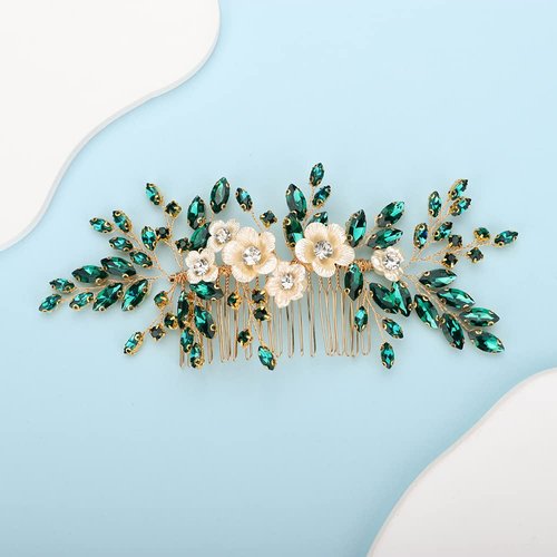 BERYUAN Bridal White Flower Green Crystal Rhinestone Hair Comb for Bride Bridesmaid Sliding side Headpieces Wedding Hair Accessories for Women and Girls (Green)