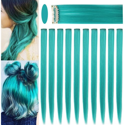 LSKJMO Teal Wig Pieces Colorful Party Highlights Clip in Coloured Hair Extensions Multicolors Straight Synthetic Hairpieces for Women Kids Girls