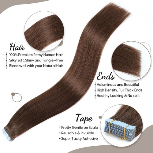 Jerriess Tape in Hair Extensions Human Hair, Professional Grade Remy Human Hair Tape in Extensions, Silky Texture &Full Thick Ends, 20pcs/50g Chocolate Brown, 20 inch(#4)